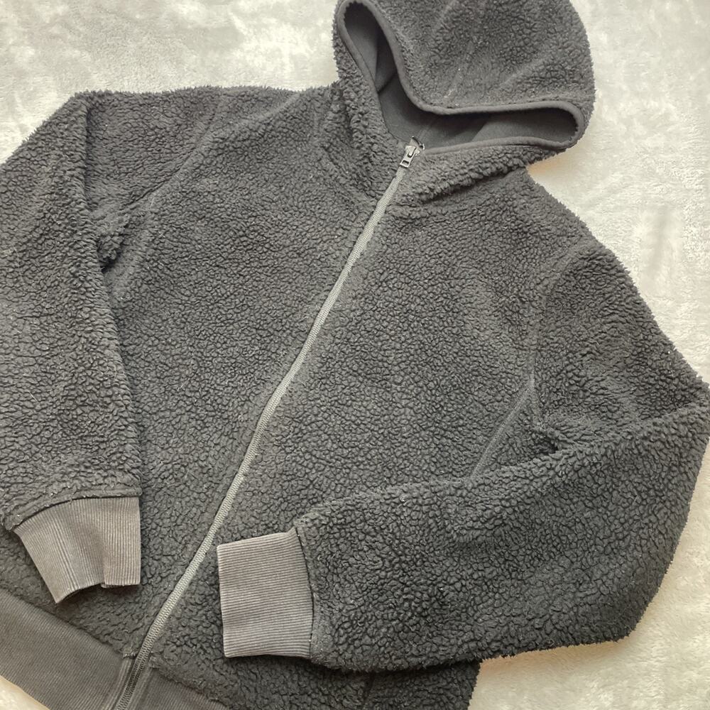 Uniqlo Womens Teddy Fleece Hoodie Jacket Sz S Black Full Zip Sherpa Pockets Cozy